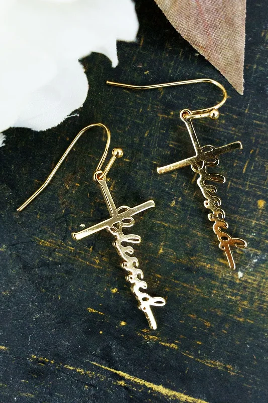 Animal Print Drop Earrings for Fun -Crystal Avenue Goldtone Blessed Script Cross Earrings