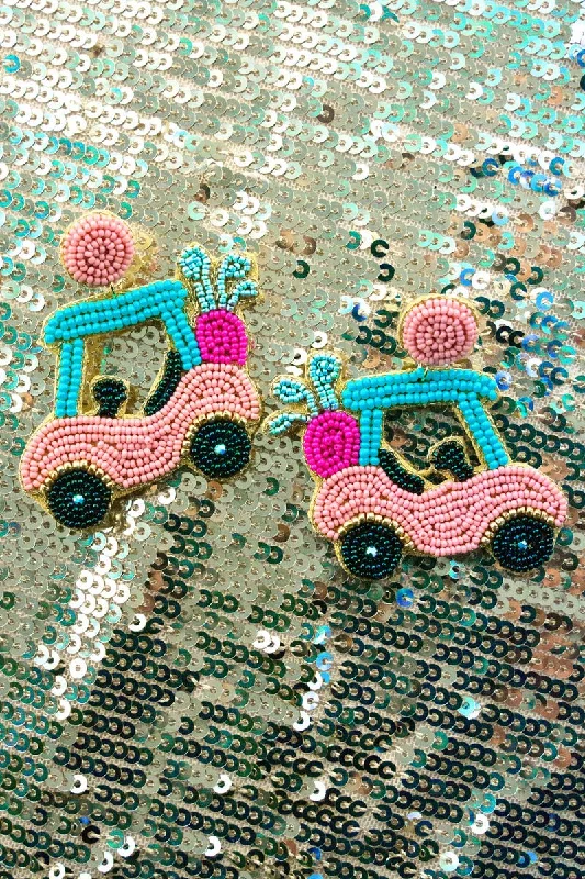 Drop Earrings for School Uniform -Viola Pink Golf Cart Seed Bead Earrings