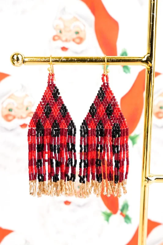 Lightweight Drop Earrings for All Day -Red and White Holiday Plaid Seed Bead Fringe Earrings