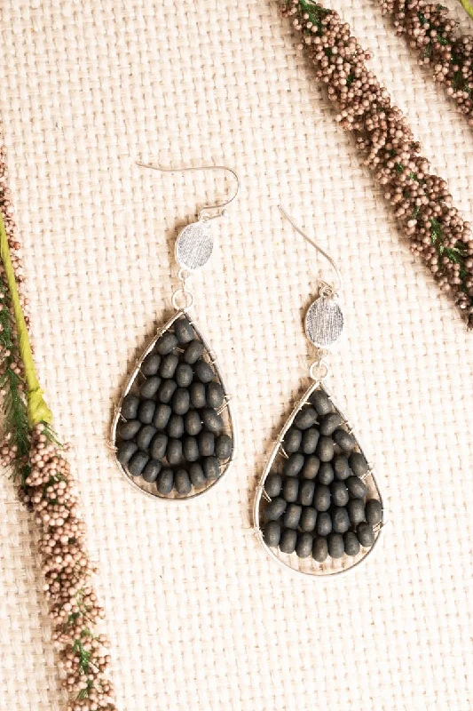 Studded Drop Earrings with Gemstones -SALE! Whitecoast Gray Wooden Bead Teardrop Earrings