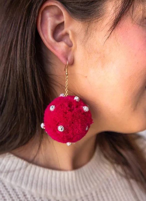 Drop Earrings for Anniversary -Pink Pom-Pom Earrings