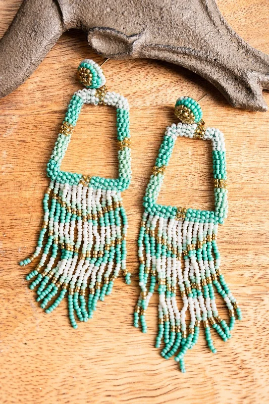 Drop Earrings with Vine Designs -SALE! Mint Malia Seed Bead Earrings