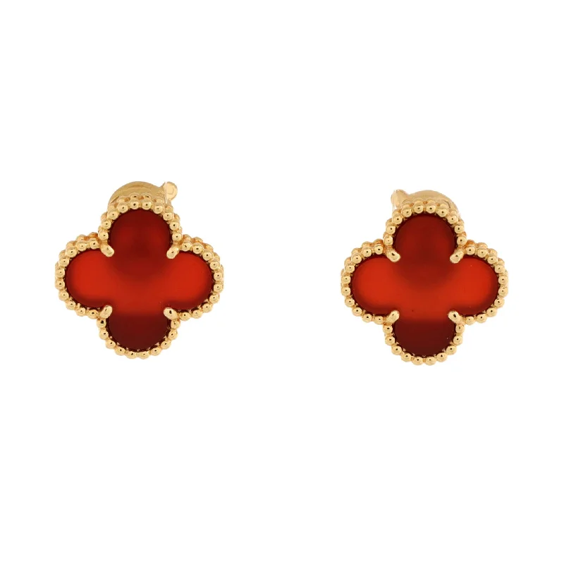 Ethnic Drop Earrings with Tribal Design -Vintage Alhambra Earrings 18K Yellow Gold and Carnelian