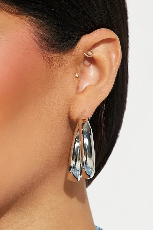 Screw Back Drop Earrings for Security -Silvery Layered Hoop Studded Earrings