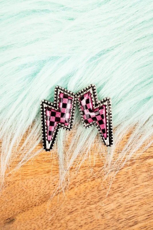 Retro Drop Earrings for Nostalgia -TIPI Fuchsia Glitter Bolts Silvertone Earrings