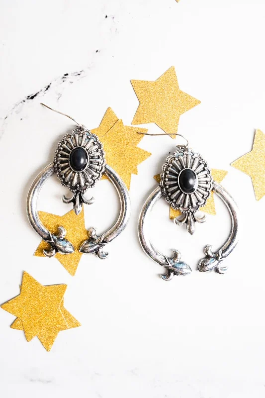 Drop Earrings with Leaf Motifs -SALE! Black and Silvertone Kingman Arch Earrings