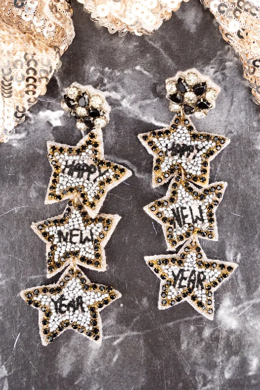 Drop Earrings for Yoga Session -Viola Black and Silver Happy New Year Star Trio Earrings