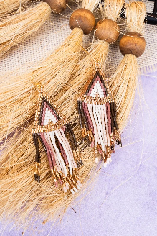 Punk Drop Earrings with Spikes -Bryce Canyon Brown Multi Seed Bead Fringe Earrings