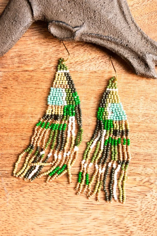 Animal Print Drop Earrings for Fun -SALE! Bellshore Olive Multi Fringe Seed Bead Earrings