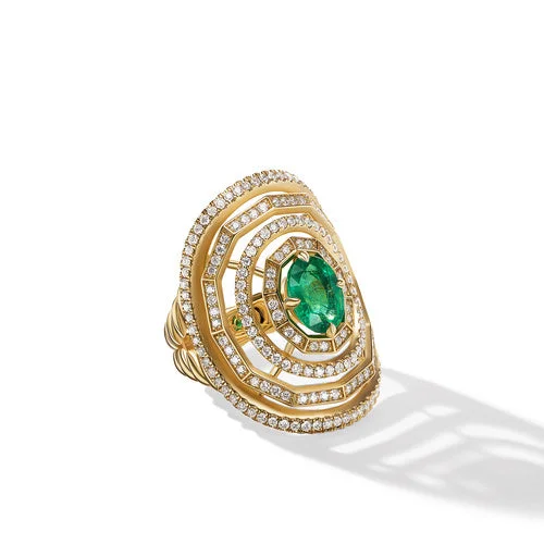 Sterling silver rings with vibrant turquoise stones -Stax Stone Ring in 18K Yellow Gold with Full Pave Diamonds and Emerald