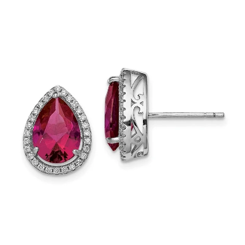 Drop Earrings with Symbolic Elements -Curata 925 Sterling Silver Polished Created Ruby and CZ Cubic Zirconia Post Earrings - 14x11mm Wide