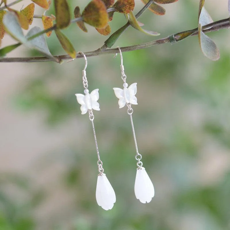 Drop Earrings with Floral Motifs -White Magnolia Flower Earrings Female Hanfu Accessories