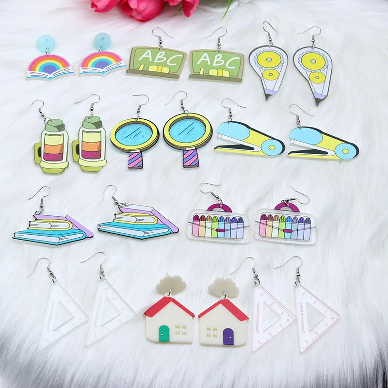 Drop Earrings with Animal Motifs -Wholesale Backpacks, Paintbrush Boxes, Magnifying Glass Houses, Acrylic Earrings