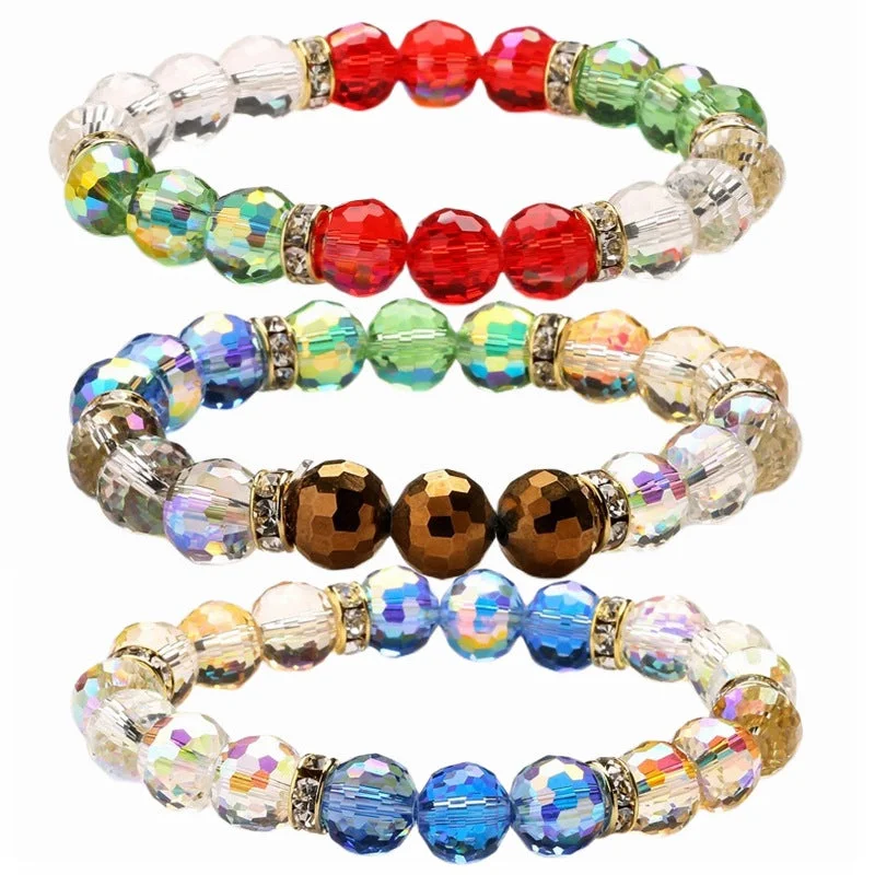 Bracelets with lotus motifs for spiritual vibe -Wholesale Super Flash Round Beads 10MM Crystal Glass Multicolor String Beads Bracelet