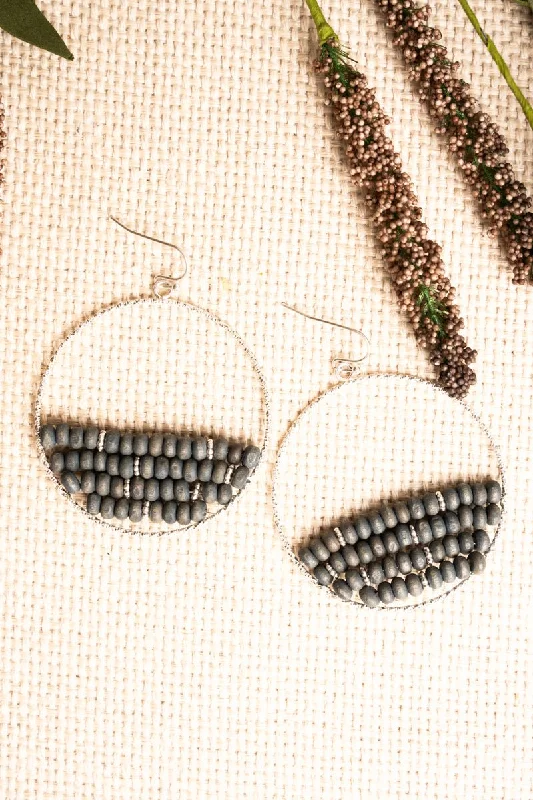 Drop Earrings with Hammered Finish -SALE! Richbrook Silvertone Gray Wooden Bead Earrings