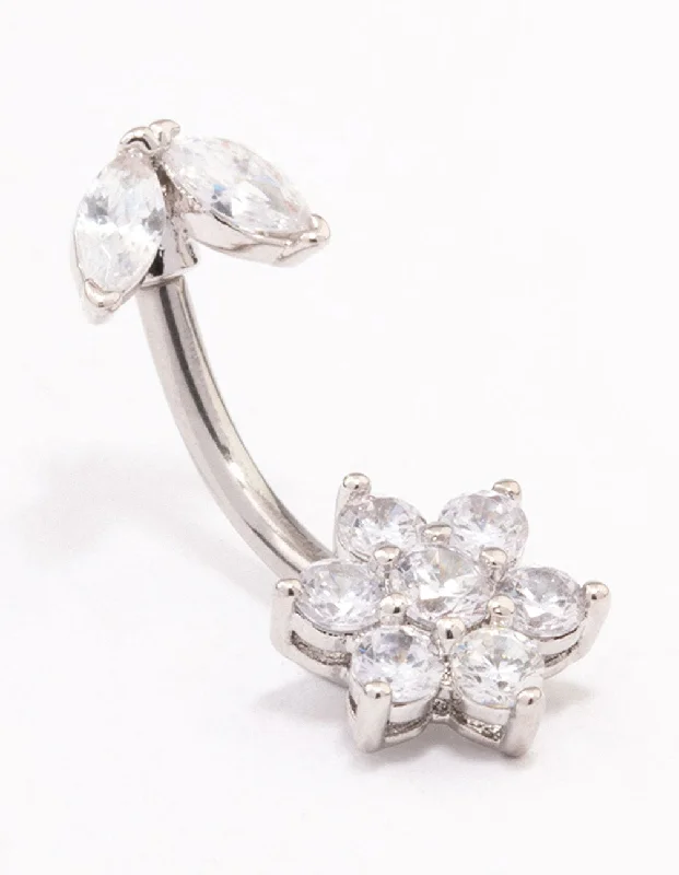 Rings with black diamond for striking contrast -Surgical Steel Flower & Leaf Belly Ring