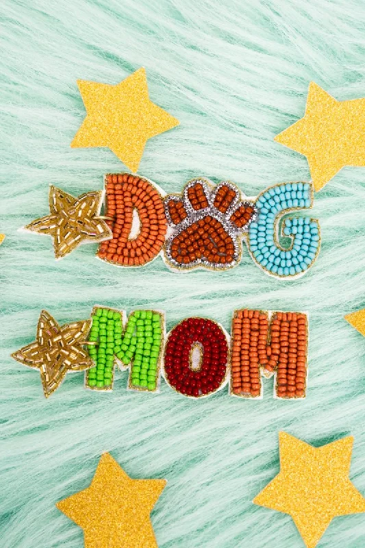 Drop Earrings with Debossed Designs -Viola Gold Star 'Dog Mom' Seed Bead Earrings