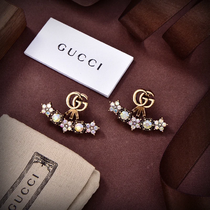 Gemstone and Diamond Drop Earrings for Opulence -Gucci Crystal Double G Full Diamond Fan-shaped Ancient Gold Earrings EHA117