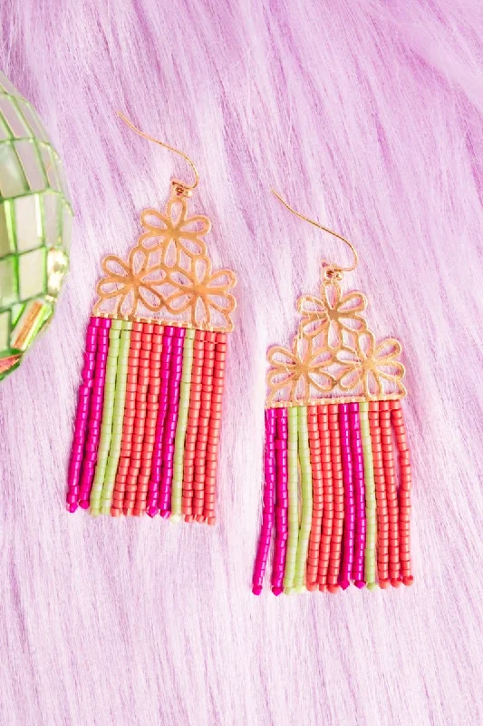 Waterproof Drop Earrings for Outdoor -Goldtone Flower and Seed Bead Fringe Earrings