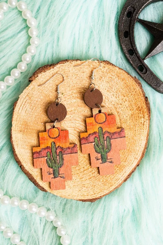 Drop Earrings with Chevron Designs -Crystal Avenue Cactus Flats Wood Earrings