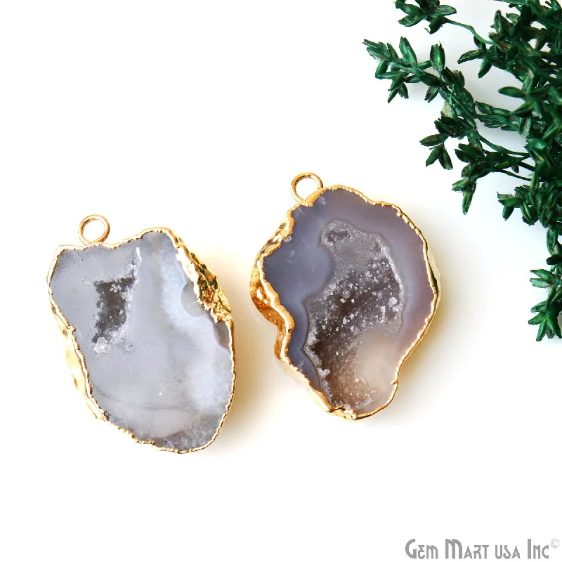 Rings with lotus flower engravings for peace -Geode Druzy 28x39mm Organic Gold Electroplated Single Bail Gemstone Earring Connector 1 Pair