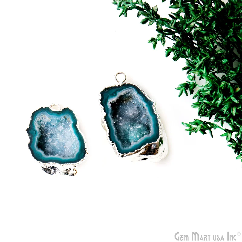 Platinum rings with sparkling sapphire center stones -Geode Druzy 23x36mm Organic Silver Electroplated Single Bail Gemstone Earring Connector 1 Pair