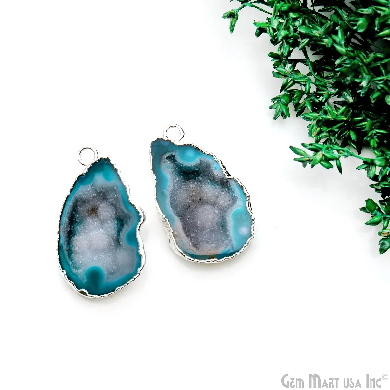 Rings with adjustable bands for perfect fit -Geode Druzy 34x21mm Organic Silver Electroplated Single Bail Gemstone Earring Connector 1 Pair