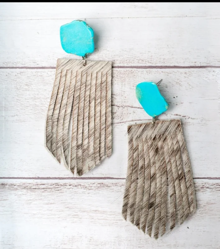 Drop Earrings with Embossed Patterns -Let's Go Turquoise Fringe Earrings