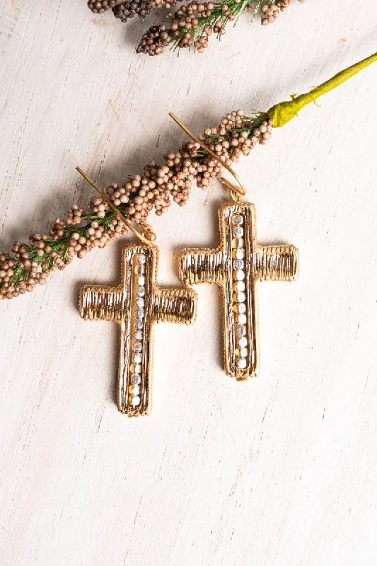 Drop Earrings with Enamel Coating -Maddison Two-Tone Cross Earrings