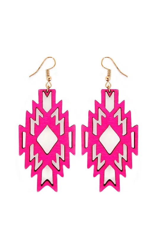 Long Drop Earrings for Dramatic -Viola Fuchsia Wood Aztec Diamond Earrings