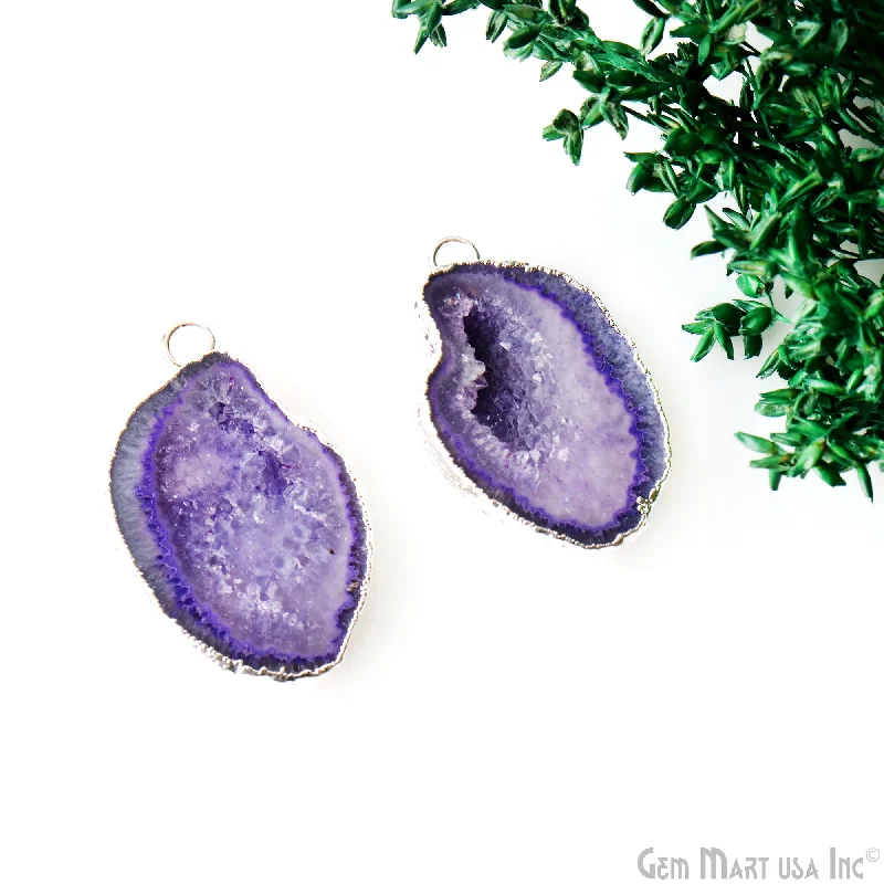 Rings with birthstone clusters for personalization -Geode Druzy 21x34mm Organic Silver Electroplated Single Bail Gemstone Earring Connector 1 Pair