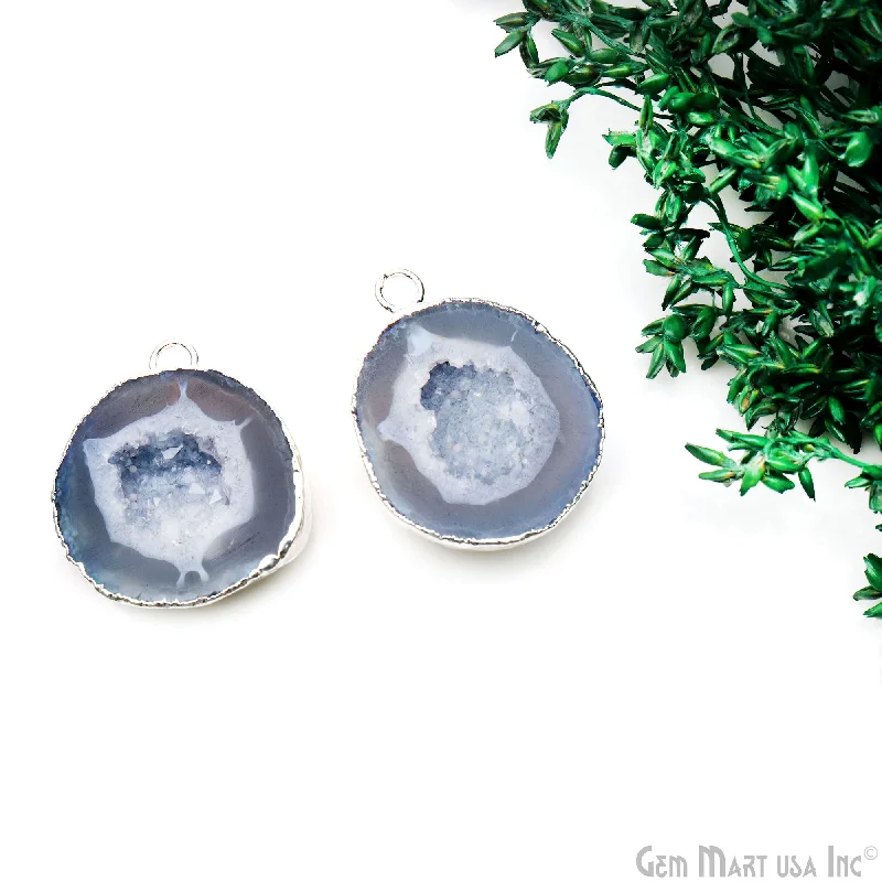 Rings with polished tourmaline for vibrant shine -Geode Druzy 30x24mm Organic Silver Electroplated Single Bail Gemstone Earring Connector 1 Pair