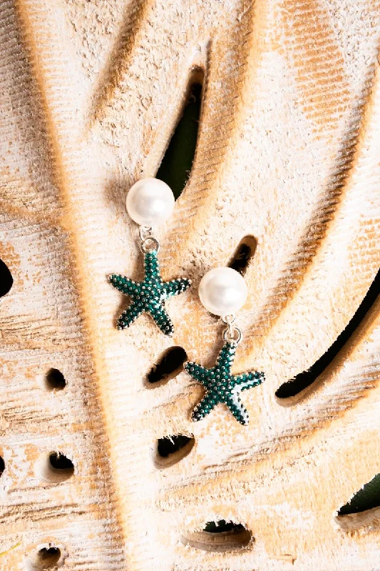 Leverback Drop Earrings for Comfort -SALE! Blue Starfish Pearl Goldtone Earrings