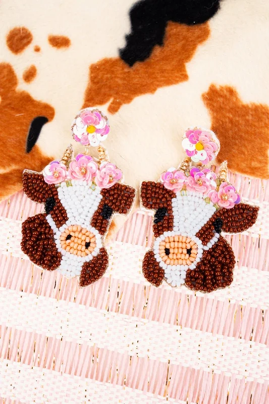 Drop Earrings with Embossed Patterns -Viola Pink Petal Brown Cow Seed Bead Earrings