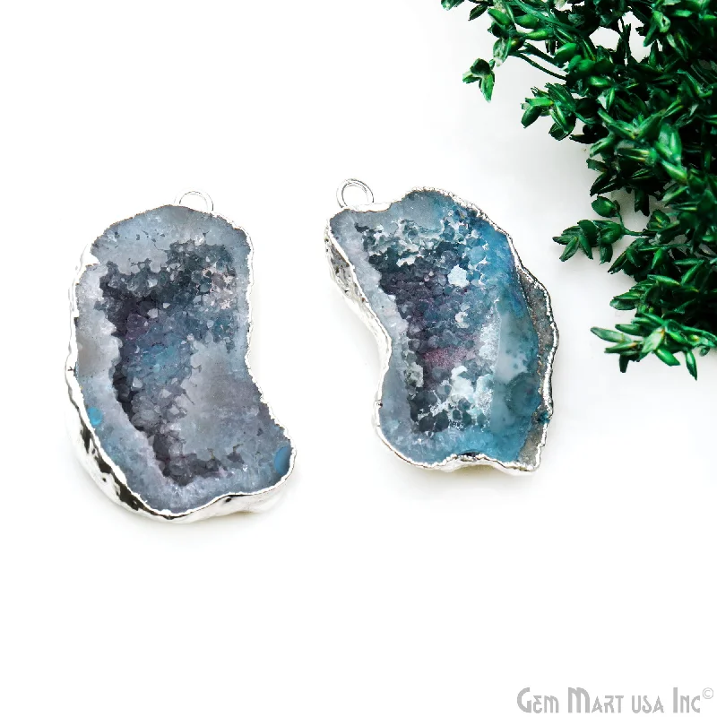 Vintage rings with engraved floral band designs -Geode Druzy 23x42mm Organic Silver Electroplated Single Bail Gemstone Earring Connector 1 Pair