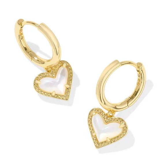 Drop Earrings with Vine Designs -Kendra Scott | Ari Heart Gold Huggie Earrings in Ivory Mother-Of-Pearl