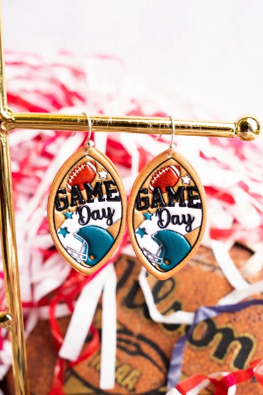 Heavy Duty Drop Earrings for Durability -Blue and White Football Gameday Embossed Faux Leather Earrings