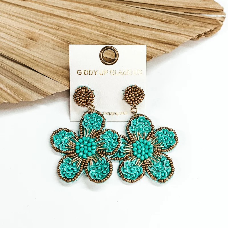 Leverback Drop Earrings for Comfort -Beaded Flower Earrings in Turquoise