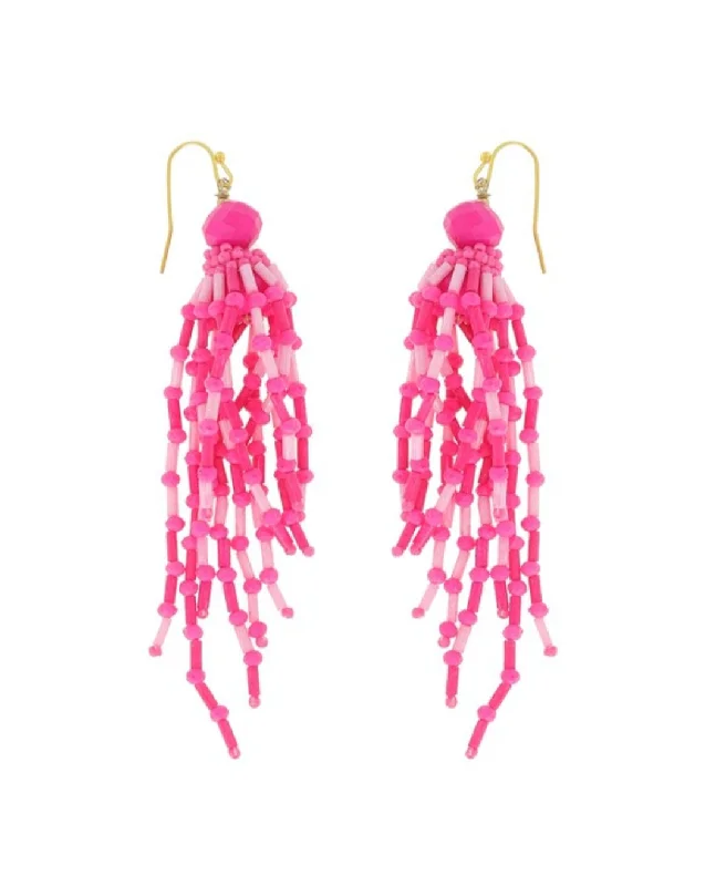 Square Drop Earrings for Modern -Pink Beaded Fringe Earrings