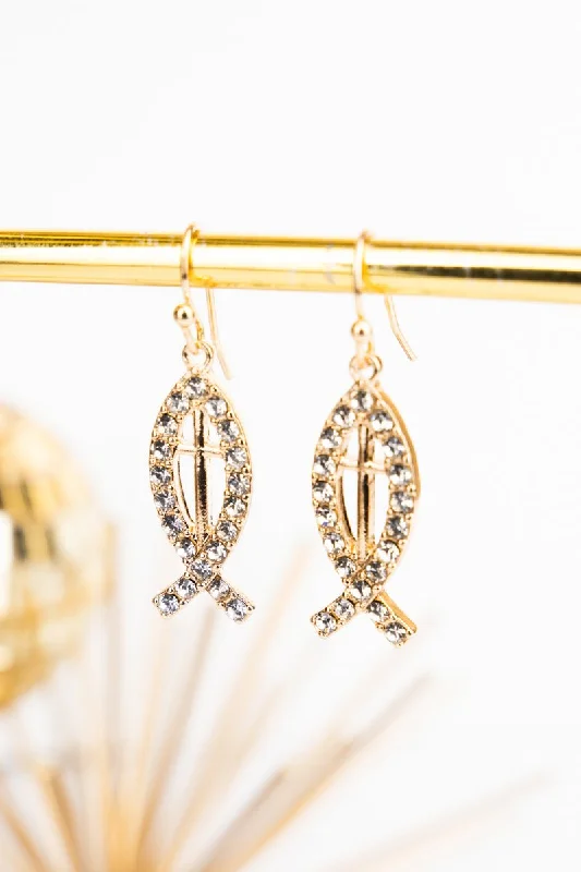 Triangular Drop Earrings for Edge -Crystal Avenue Crystal Goldtone Jesus Fish  Earrings