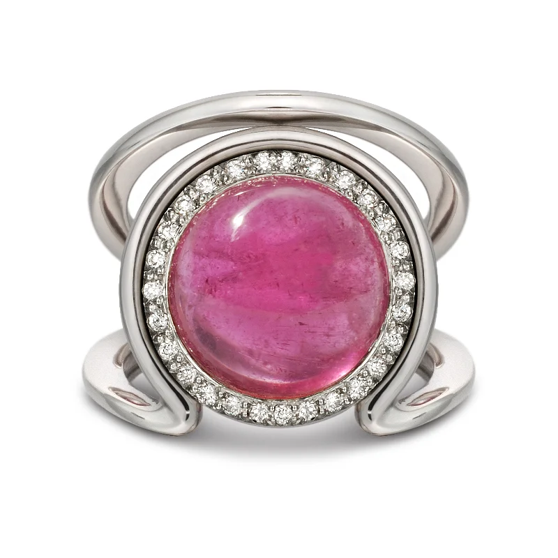 Rings with aquamarine stones for ocean charm -Cabochon Pink Tourmaline and Diamond Ring