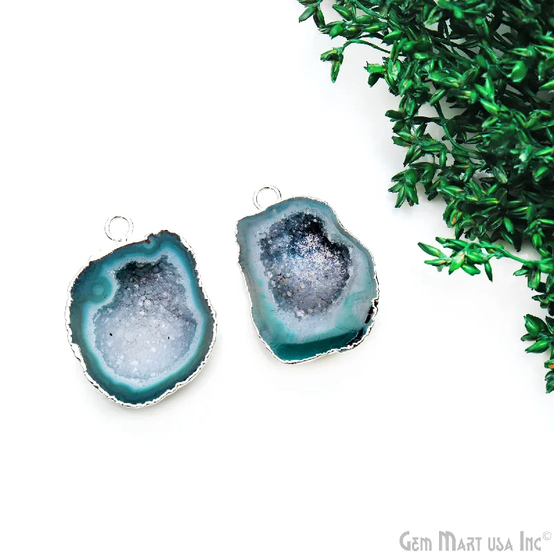 Handcrafted rings with raw emerald rough stones -Geode Druzy 30x22mm Organic Silver Electroplated Single Bail Gemstone Earring Connector 1 Pair