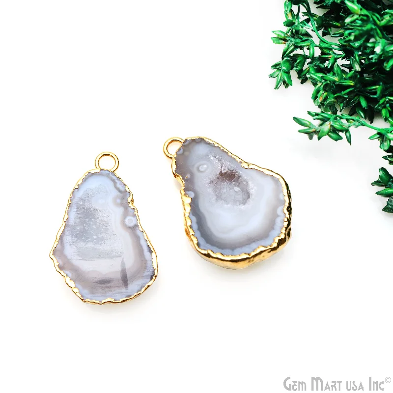 Rings with carved turquoise for artistic flair -Geode Druzy 33x22mm Organic Gold Electroplated Single Bail Gemstone Earring Connector 1 Pair