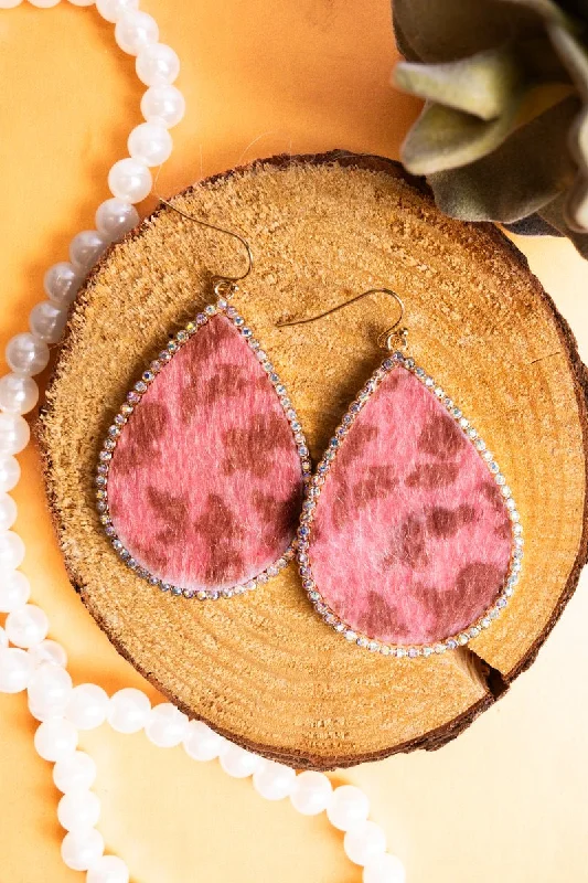 Indian Drop Earrings with Intricacy -Pink Faux Fur and Crystal Teardrop Earrings