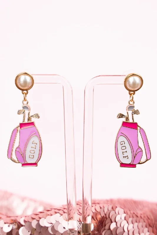 Retro Drop Earrings for Nostalgia -Crystal Avenue Pink & Pearl Golfing Goldtone Earrings