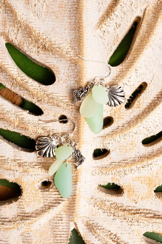 Beaded Drop Earrings for Party -SALE! Silvertone Green Sea Glass Beach Mermaid Earrings