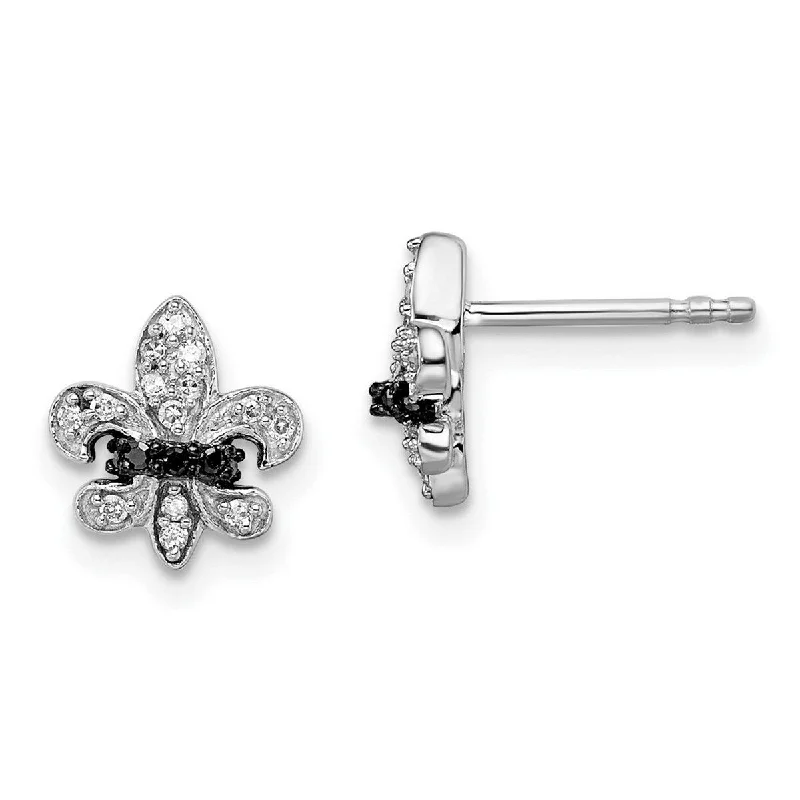 Clip On Drop Earrings for Non Pierced -Curata 925 Sterling Silver Polished Prong set Black and White Diamond Fleur De Lis Post Earrings - 10x10mm Wide