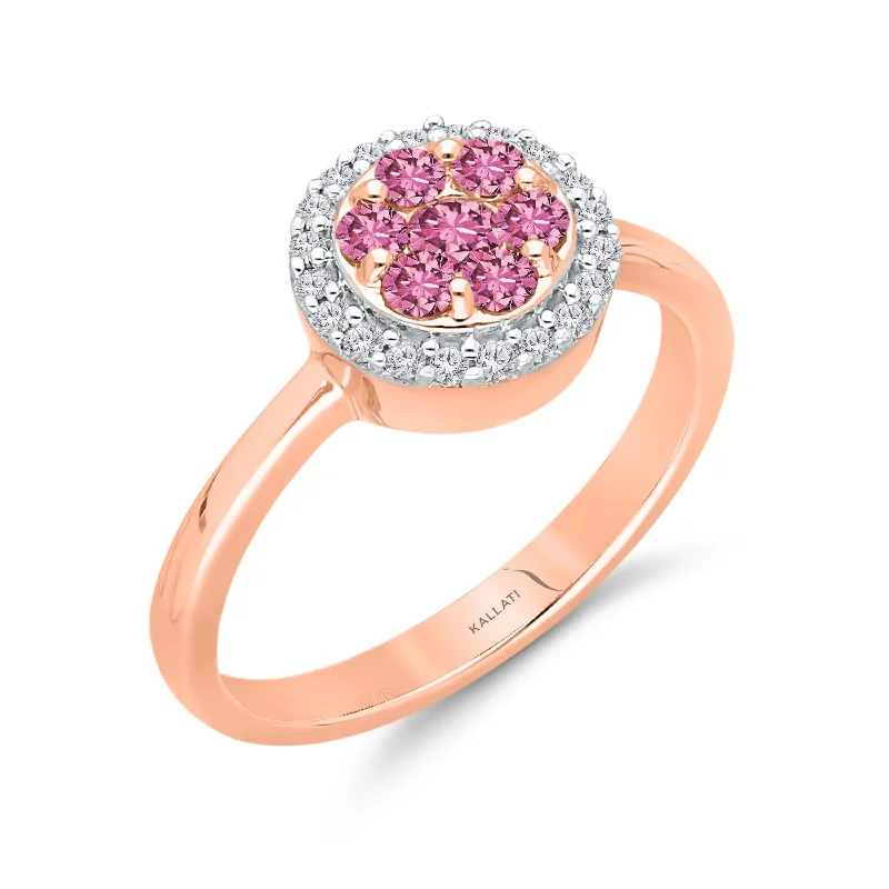 Rose gold rings featuring delicate pearl inlays -Kallati Pink Sapphire Diamond Halo Ring