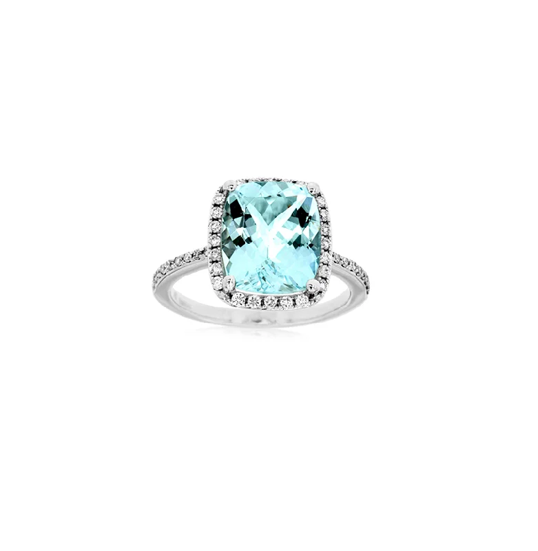 Rings with oxidized bands for vintage edge -Sabel Collection White Gold Aquamarine and Diamond Halo Ring