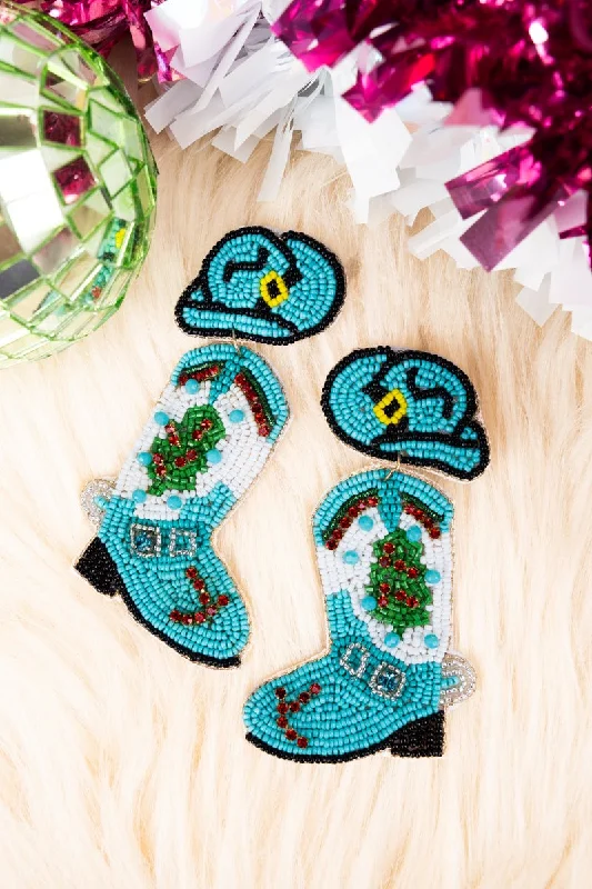 Drop Earrings for Formal Attire -Viola Turquoise Christmas Boots Seed Bead Earrings